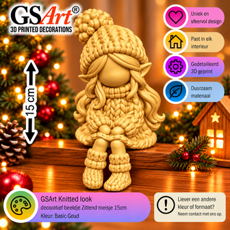 GSArt Knitted Look Zittend Meisje 15 cm &ndash; Kerstdecoratie Beeldje - Basic Goud