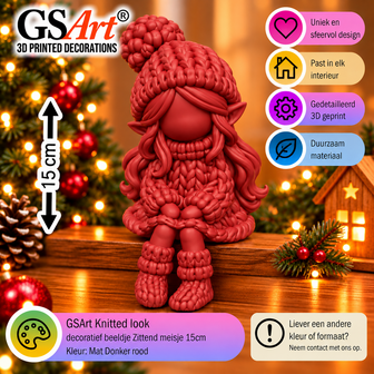 GSArt Knitted Look Zittend Meisje 15 cm &ndash; Kerstdecoratie Beeldje - Mat Donkerrood