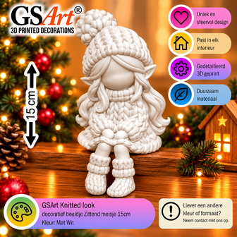 GSArt Knitted Look Sitzendes M&auml;dchen 15 cm &ndash; Weihnachtsdeko Strickoptik - Mat Wit