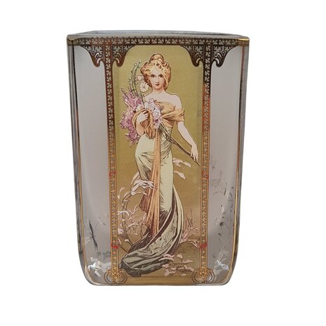 Goebel - Alphonse Mucha | Windlicht / Theelicht Lente 1900 | Glas, 10cm, waxinelicht houder, met echt goud
