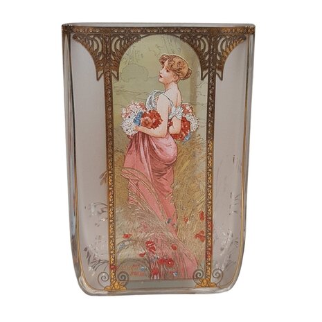 Goebel - Alphonse Mucha | Windlicht / Theelicht Zomer 1900 | Glas, 10cm, waxinelicht houder, met echt goud