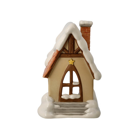 Goebel - Kerst | Windlicht Huisje | Aardewerk - 17cm - theelicht - waxinelicht houder