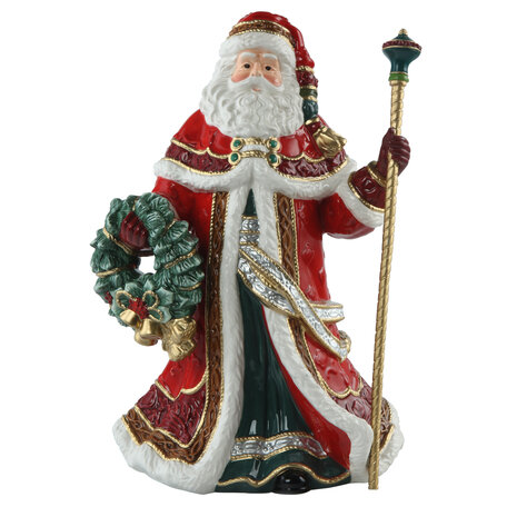 Goebel - Fitz and Floyd | Decoratief beeld Kerstman met krans en staf | Aardewerk - 33cm - kerst