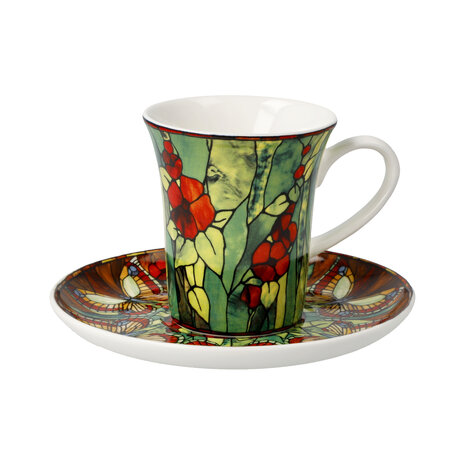 Goebel - Louis Comfort Tiffany | Kop en schotel Espresso Vlinders | Porselein - 12cm - 100ml