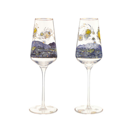Goebel - Vincent Van Gogh | Coffret de 2 verres &agrave; champagne &laquo; La Nuit &eacute;toil&eacute;e &raquo; | Verre - 23 cm - avec de v&eacute;ritables dorures - 100 ml