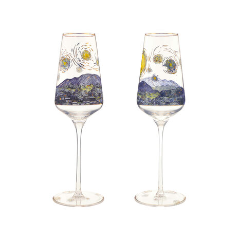 Goebel - Vincent Van Gogh | Coffret de 2 verres &agrave; champagne &laquo; La Nuit &eacute;toil&eacute;e &raquo; | Verre - 23 cm - avec de v&eacute;ritables dorures - 100 ml