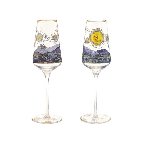 Goebel - Vincent Van Gogh | Coffret de 2 verres &agrave; champagne &laquo; La Nuit &eacute;toil&eacute;e &raquo; | Verre - 23 cm - avec de v&eacute;ritables dorures - 100 ml