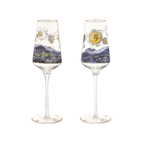 Goebel - Vincent Van Gogh | Coffret de 2 verres &agrave; champagne &laquo; La Nuit &eacute;toil&eacute;e &raquo; | Verre - 23 cm - avec de v&eacute;ritables dorures - 100 ml