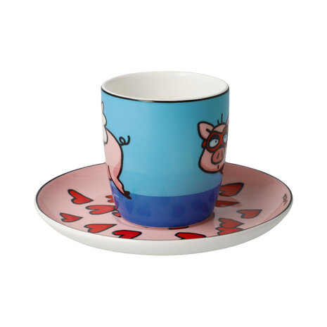 Goebel - Ed Heck | Kop en schotel Espresso When Pigs Fly | Porselein - 12cm - 100ml - 2 stuks