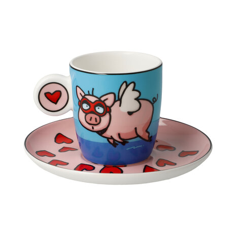 Goebel - Ed Heck | Kop en schotel Espresso When Pigs Fly | Porselein - 12cm - 100ml - 2 stuks