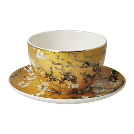 Goebel - Vincent van Gogh | Kop en schotel Amandelboom goud | Porselein - 15cm - 250ml - met echt goud - cappuccino