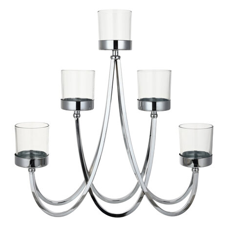 Goebel - Accessoires | Kandelaar Zilver met helder glas | Metaal - 41cm - 5 kaarsen