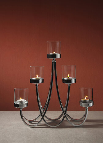 Goebel - Accessoires | Kandelaar Zilver met helder glas | Metaal - 41cm - 5 kaarsen