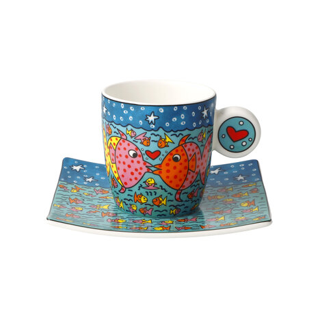 Goebel - James Rizzi | Kop en schotel Espresso Family of Fish | Porselein - 10cm - 100ml - 2 stuks