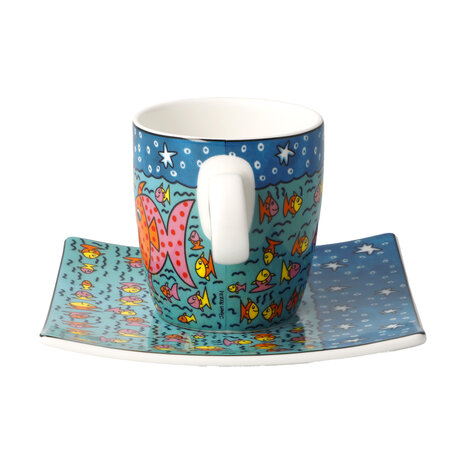 Goebel - James Rizzi | Kop en schotel Espresso Family of Fish | Porselein - 10cm - 100ml - 2 stuks