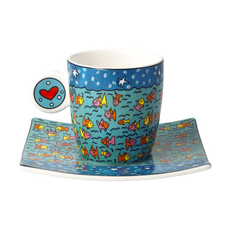 Goebel - James Rizzi | Kop en schotel Espresso Family of Fish | Porselein - 10cm - 100ml - 2 stuks