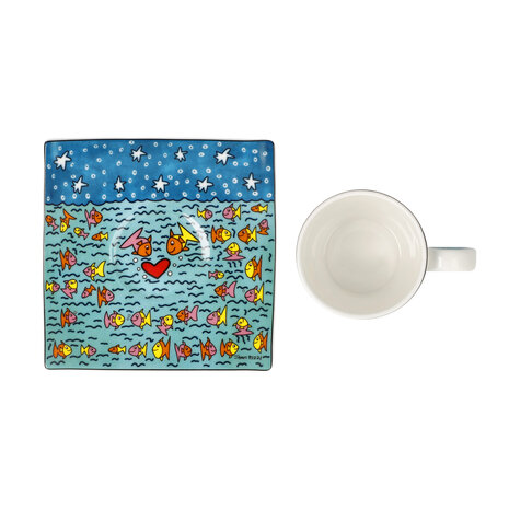Goebel - James Rizzi | Kop en schotel Espresso Family of Fish | Porselein - 10cm - 100ml - 2 stuks