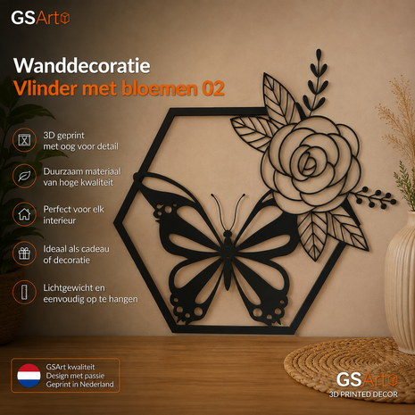 GSArt Wanddecoratie Vlinder met Bloemen 01 t/m 05 25 cm &ndash; 3D Geprinte Muurdecoratie