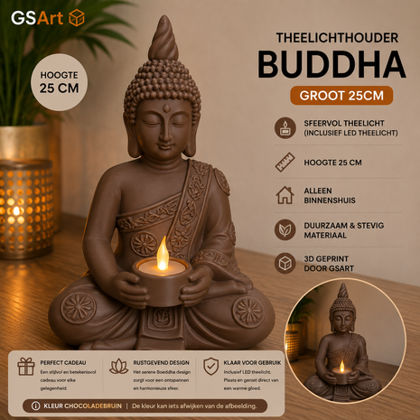 GSArt Theelichthouder Buddha Groot 25 cm &ndash; Boeddha Beeld met LED Theelichtje - Chocoladebruin