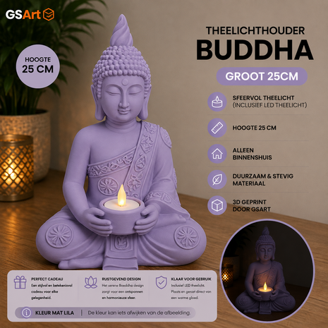 GSArt Theelichthouder Buddha Groot 25 cm &ndash; Boeddha Beeld met LED Theelichtje - Mat Lila
