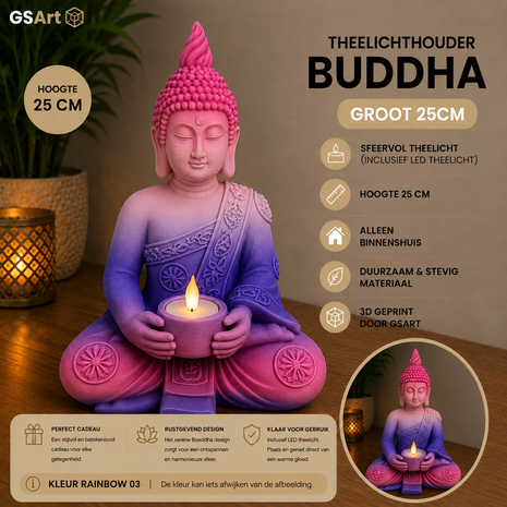 GSArt Theelichthouder Buddha Groot 25 cm &ndash; Boeddha Beeld met LED Theelichtje - Rainbow 03