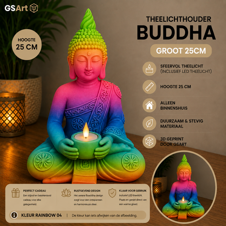 GSArt Theelichthouder Buddha Groot 25 cm &ndash; Boeddha Beeld met LED Theelichtje - Rainbow 04