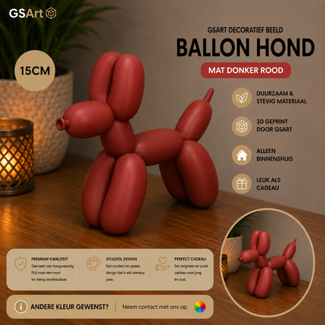 GSArt Decoratief Beeld Ballon Hond &ndash; 3D Geprint &ndash; Moderne Woondecoratie - 15cm Mat Donkerrood