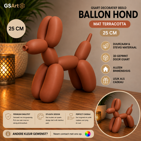 GSArt Decoratief Beeld Ballon Hond &ndash; 3D Geprint &ndash; Moderne Woondecoratie - 25cm Mat Terracotta