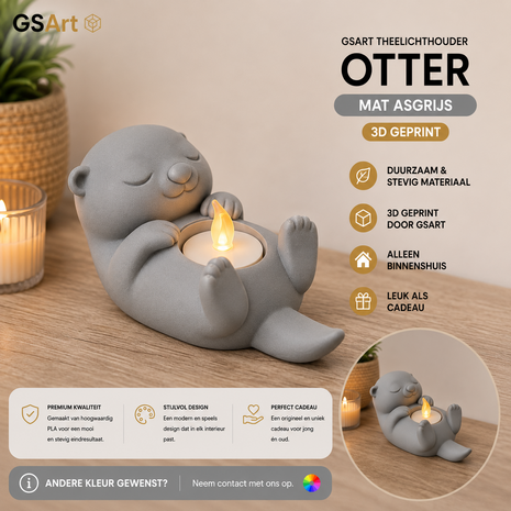 GSArt Theelichthouder Otter &ndash; Decoratieve Otter met LED Theelichtje &ndash; 3D Geprint - Mat Asgrijs