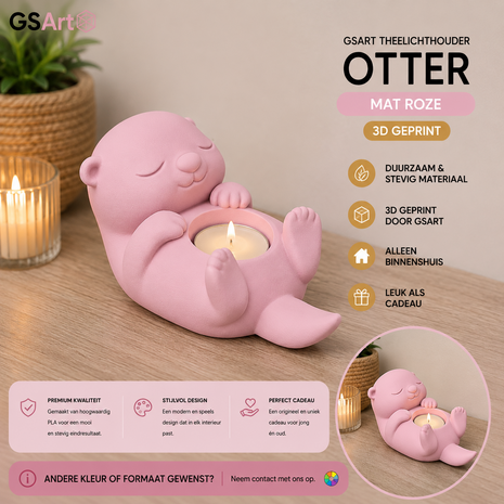 GSArt Theelichthouder Otter &ndash; Decoratieve Otter met LED Theelichtje &ndash; 3D Geprint - Mat Roze