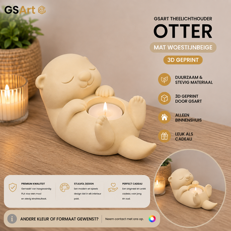GSArt Theelichthouder Otter &ndash; Decoratieve Otter met LED Theelichtje &ndash; 3D Geprint - Mat Woestijnbeige