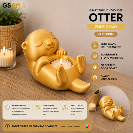 GSArt Theelichthouder Otter &ndash; Decoratieve Otter met LED Theelichtje &ndash; 3D Geprint - Zijde Goud