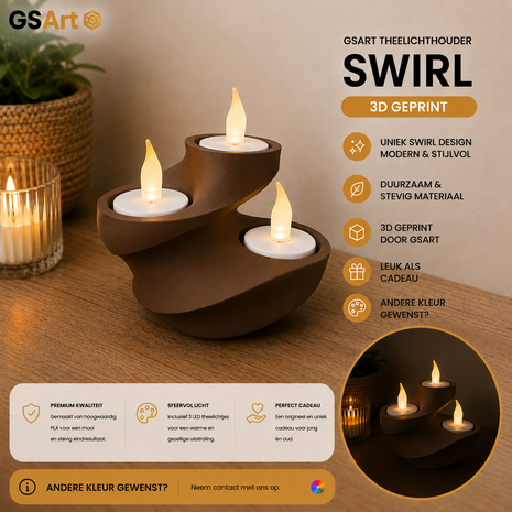 GSArt Theelichthouder Swirl &ndash; 3D Geprint &ndash; Inclusief 3 LED Theelichtjes - Chocoladebruin
