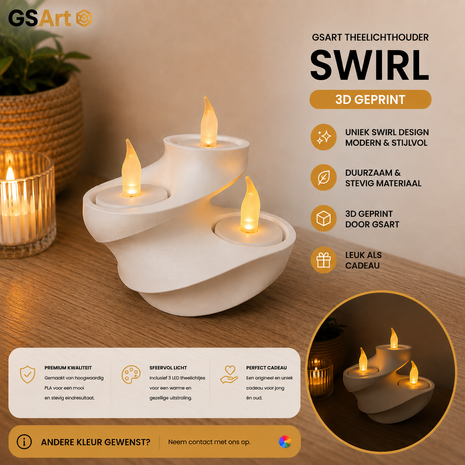 GSArt Theelichthouder Swirl &ndash; 3D Geprint &ndash; Inclusief 3 LED Theelichtjes - Mat Wit