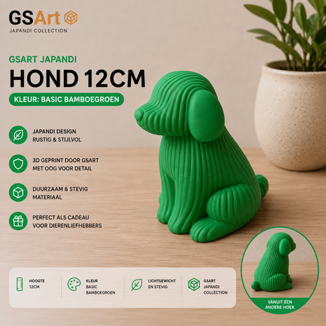 GSArt Japandi Hond &ndash; 3D Geprint Decoratiebeeld &ndash; Modern Japandi Woonaccessoire - 12cm Bamboegroen