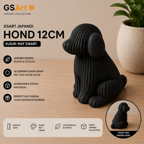 GSArt Japandi Hond &ndash; 3D Geprint Decoratiebeeld &ndash; Modern Japandi Woonaccessoire - 12cm Mat Zwart