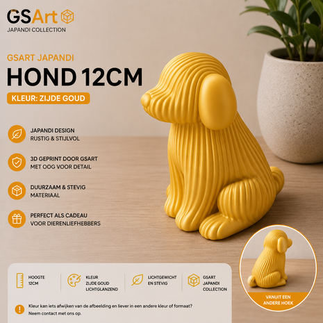 GSArt Japandi Hond &ndash; 3D Geprint Decoratiebeeld &ndash; Modern Japandi Woonaccessoire - 12cm Zijde Goud