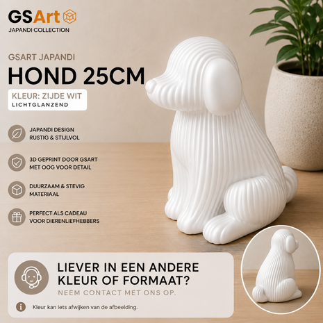 GSArt Japandi Hond &ndash; 3D Geprint Decoratiebeeld &ndash; Modern Japandi Woonaccessoire - 25cm Zijde Wit