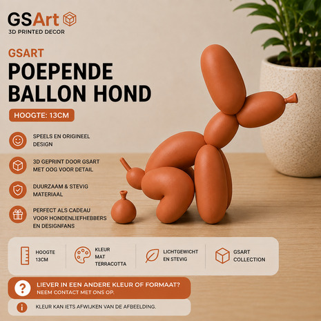 GSArt Decoratief Beeld Poepende Ballon Hond &ndash; Grappige Woondecoratie - 13cm Mat Terracotta