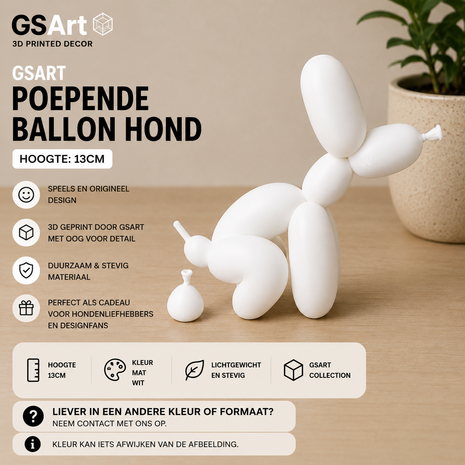 GSArt Decoratief Beeld Poepende Ballon Hond &ndash; Grappige Woondecoratie - 13cm Mat Wit