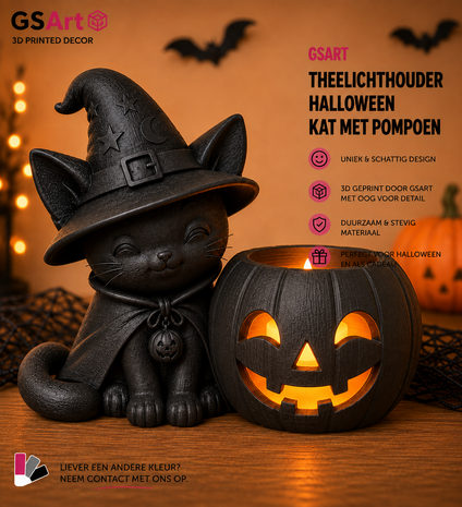 GSArt Theelichthouder Halloween Katje met Pompoen &ndash; 3D Geprint &ndash; Inclusief LED Theelichtje