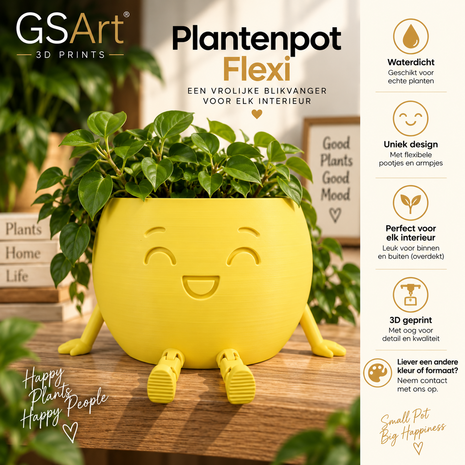 GSArt Plantenpot Flexi &ndash; Waterdichte 3D Geprinte Bloempot met Flexibele Benen - Mat Geel