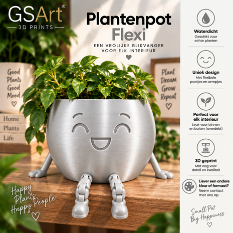 GSArt Plantenpot Flexi &ndash; Waterdichte 3D Geprinte Bloempot met Flexibele Benen - Zijde Zilver