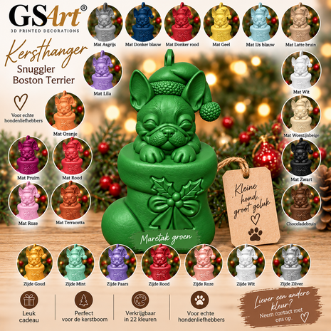 GSArt Christmas Ornament Dog Snuggler Boston Terrier &ndash; 3D Printed Christmas Tree Ornament &ndash; Dog Christmas Decoration