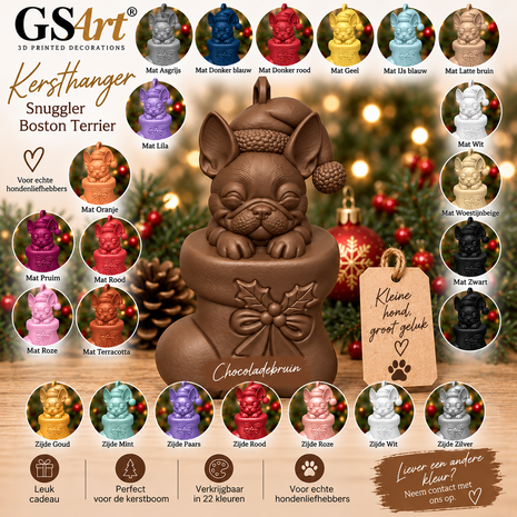 GSArt Christmas Ornament Dog Snuggler Boston Terrier &ndash; 3D Printed Christmas Tree Ornament &ndash; Dog Christmas Decoration