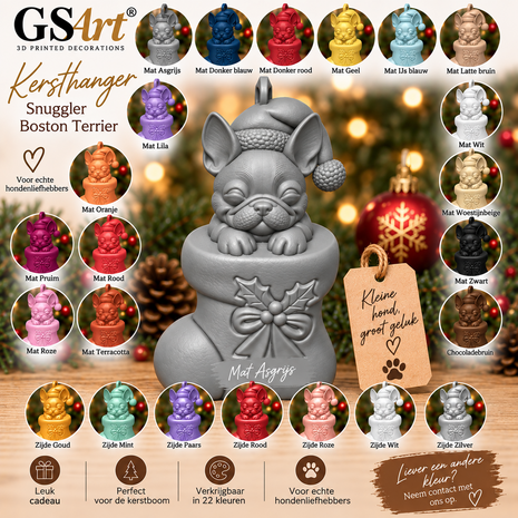 GSArt Christmas Ornament Dog Snuggler Boston Terrier &ndash; 3D Printed Christmas Tree Ornament &ndash; Dog Christmas Decoration