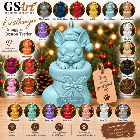 GSArt Christmas Ornament Dog Snuggler Boston Terrier &ndash; 3D Printed Christmas Tree Ornament &ndash; Dog Christmas Decoration