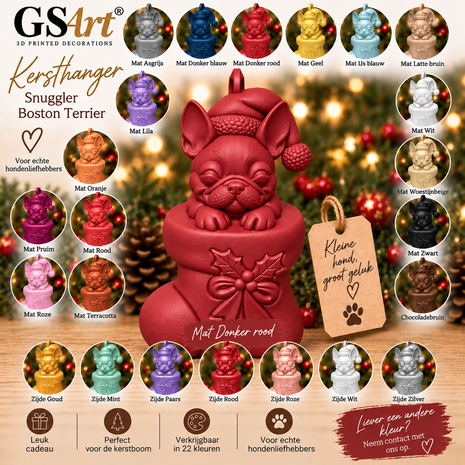 GSArt Christmas Ornament Dog Snuggler Boston Terrier &ndash; 3D Printed Christmas Tree Ornament &ndash; Dog Christmas Decoration