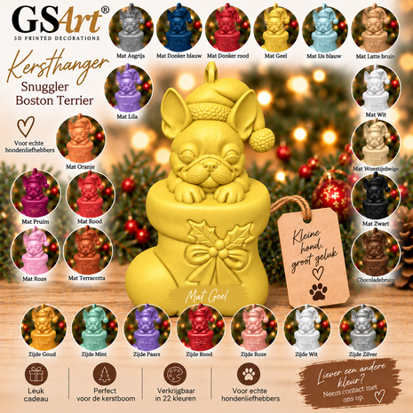 GSArt Christmas Ornament Dog Snuggler Boston Terrier &ndash; 3D Printed Christmas Tree Ornament &ndash; Dog Christmas Decoration