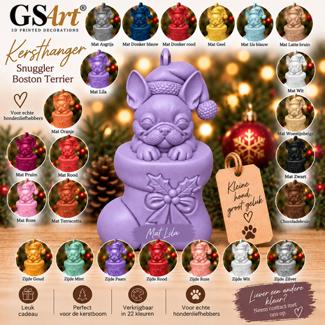 GSArt Christmas Ornament Dog Snuggler Boston Terrier &ndash; 3D Printed Christmas Tree Ornament &ndash; Dog Christmas Decoration